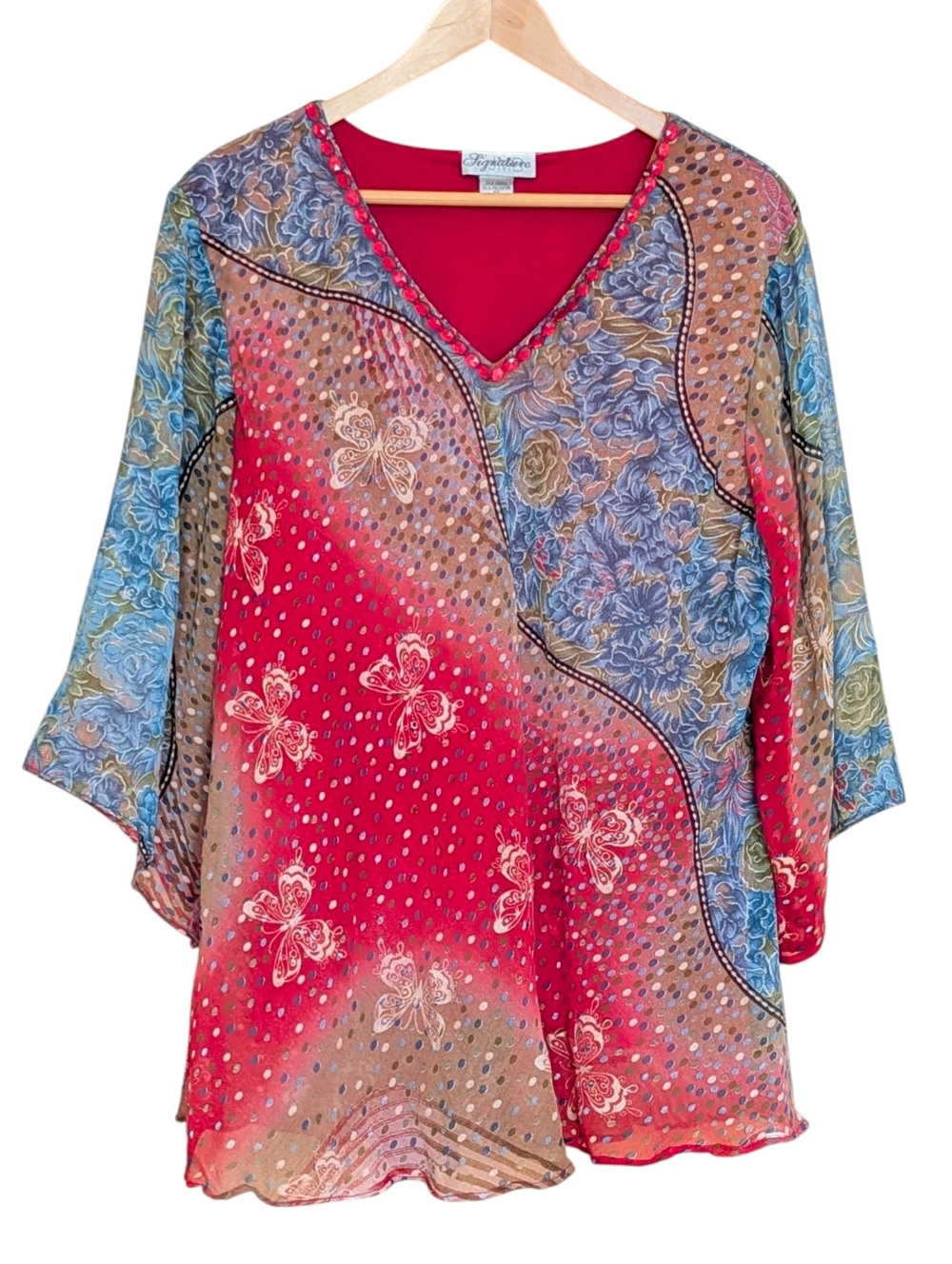 JMB Signature Red Floral Patchwork V-Neck Tunic Womens 3X Flowy Butterfly Beaded